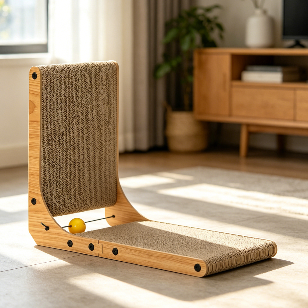 L-Shape Wall Mounted Corrugated Cat Scratcher with Ball Toy
