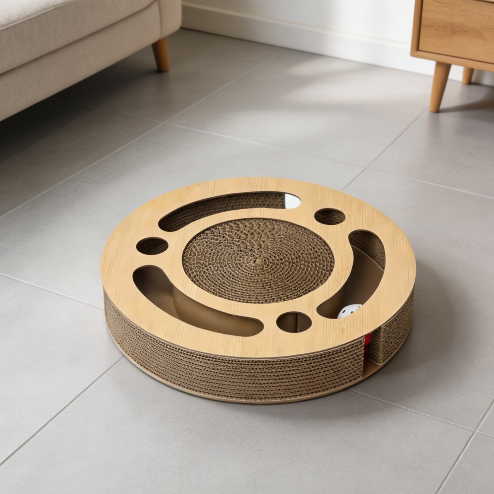13" Round Corrugated Cat Scratch Board with Ball Track - Image 2